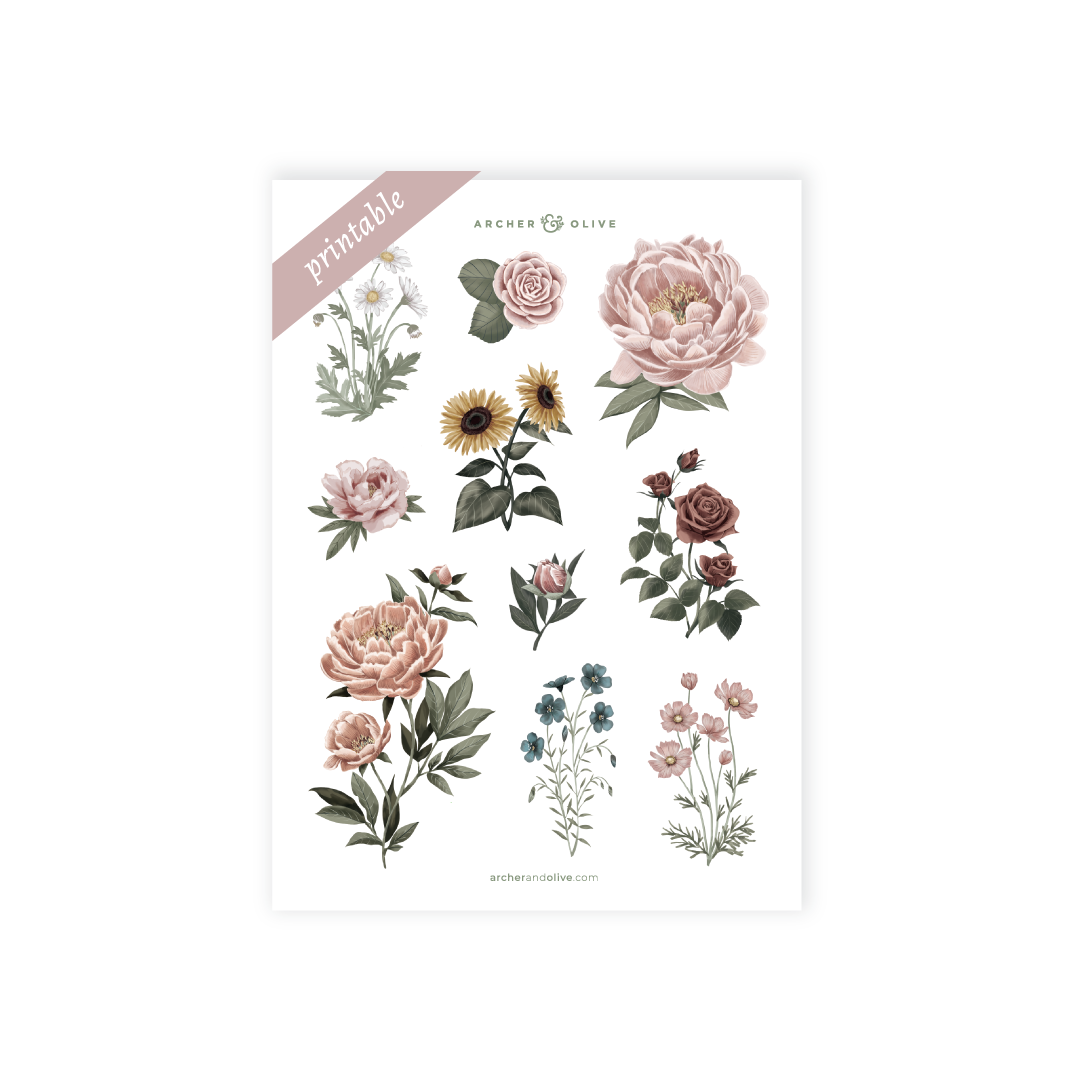 Antique Floral Printable Sticker Set