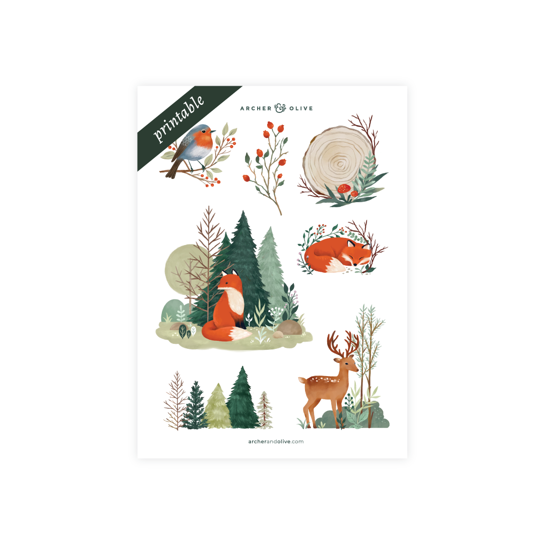 Fox in Winter Woods Printable Stickers